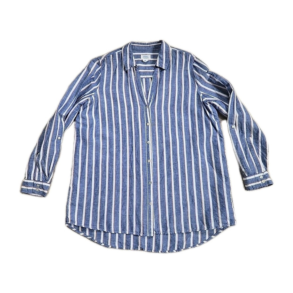 Sigrid Olsen Linen Blend Button Up Shirt Women L‎ Blue Roll Tab Sleeve Striped
